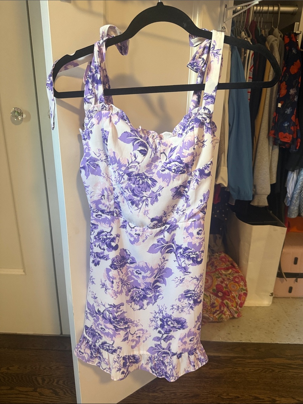 Aqua Lavender Floral Tie-Shoulder Mini Dress